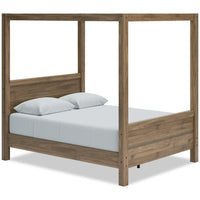 Mavi Canopy Platform Bed with Headboard, Frame & Posts, Mid-Century Modern, Brown - Queen Size 