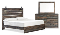 Abby 5pc Bedroom Set with Panel Bed, Dresser & Mirror, LED, USB, Brown - King Size 