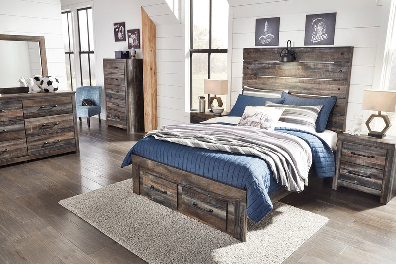 Abby 6pc Bedroom Set with Storage Bed, Dresser, Mirror & Nightstand, LED, USB, Brown - Full Size