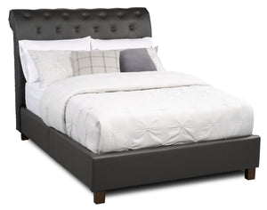 Tulsa Upholstered Platform Bed in Grey Vegan-Leather Fabric, Button Tufted - Full Size