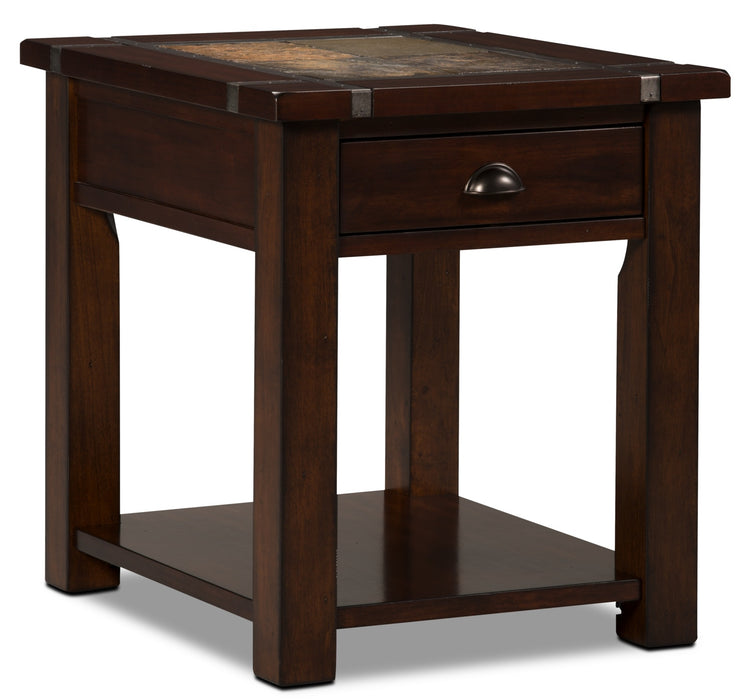 Roanoke 22\" Rustic End Table with Storage and Shelf - Dark Cherry Wood and Slate Inlay