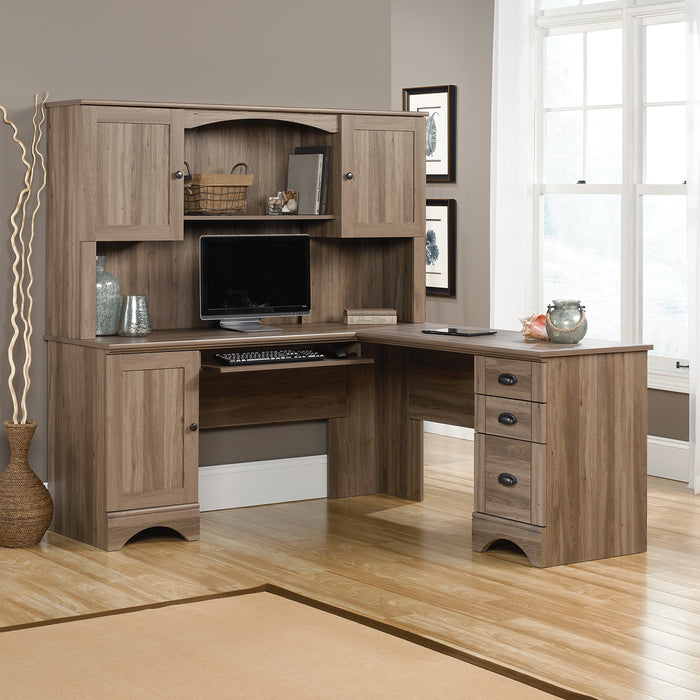 Harbor View Corner Desk with Hutch – Salt Oak